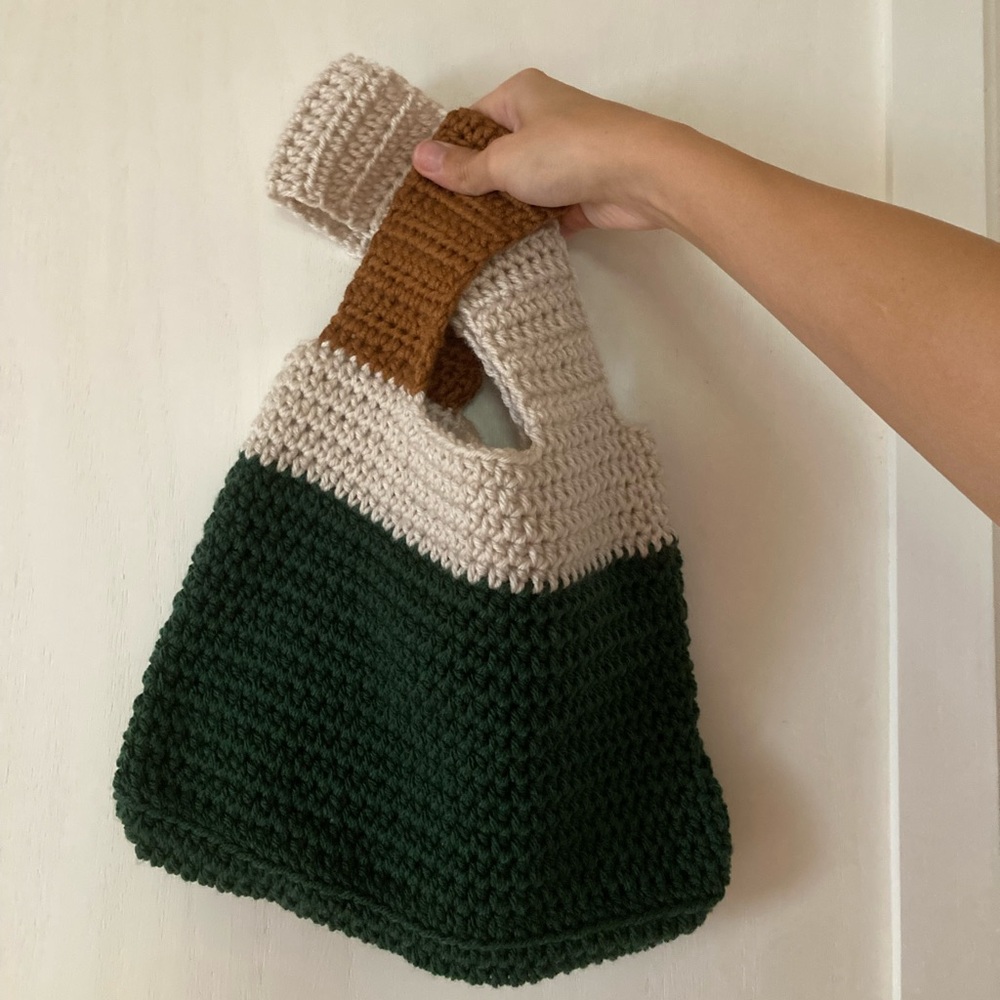 Handcrafted Green, Cream & Brown Crochet Tote Bag